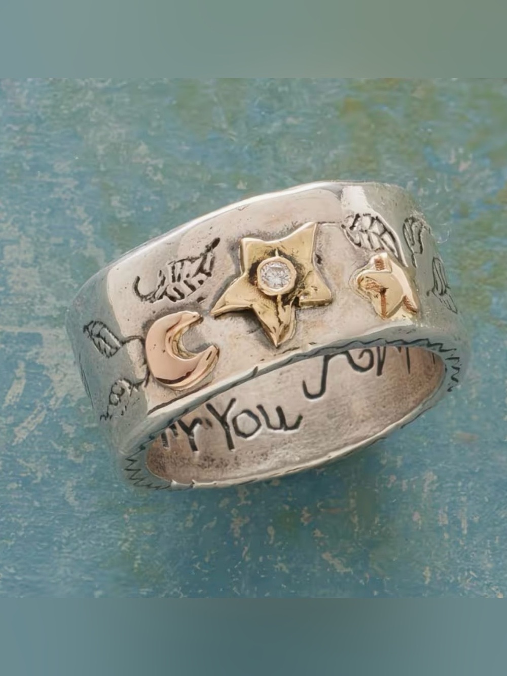 Celestial Quote Band Ring Moon Star Leaves Silver Gold Tone Boho Several Sizes